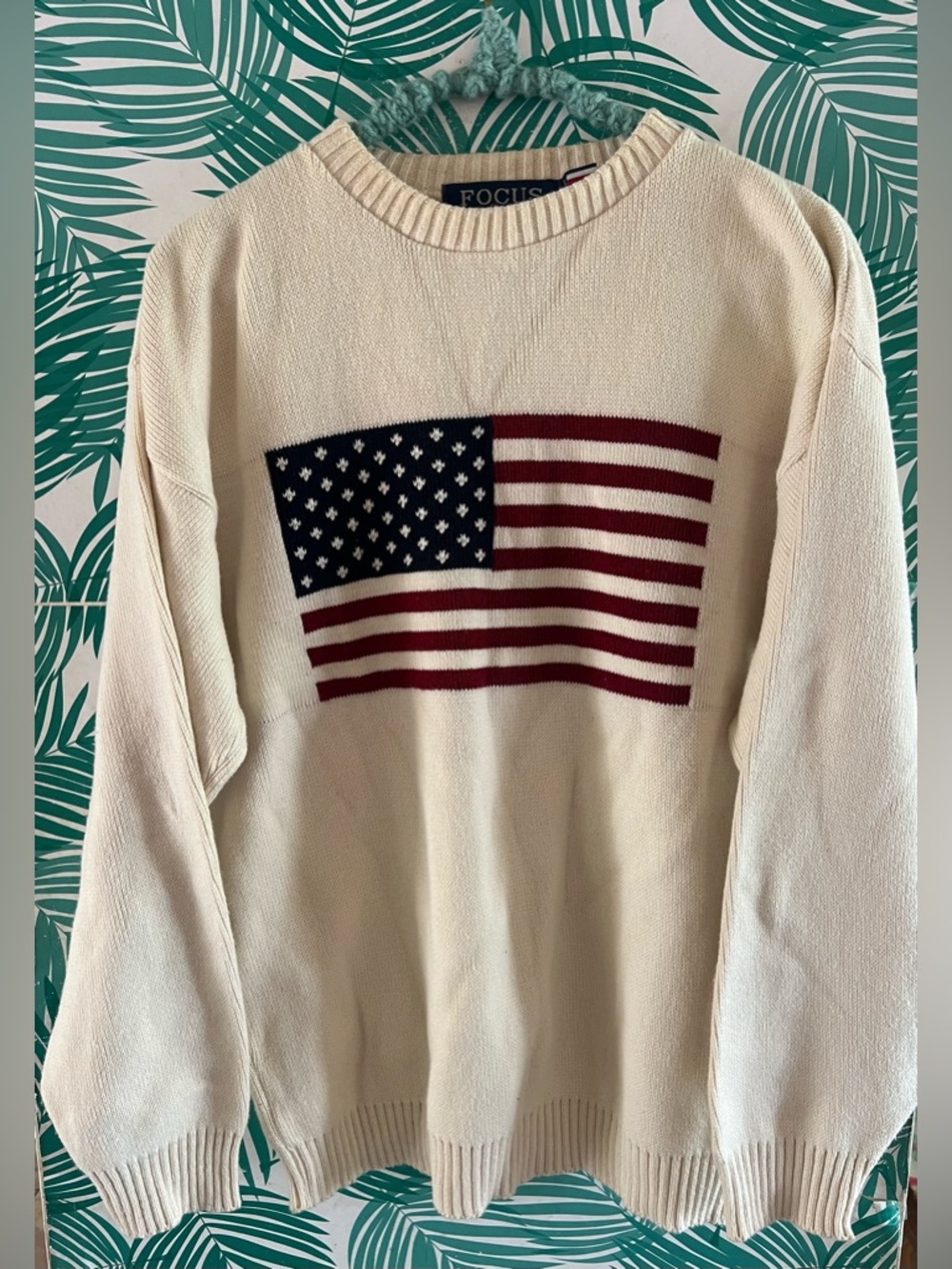 Cream Knit Sweater with American Flag by Focus America Sz m Made in USA
